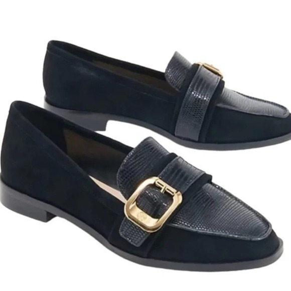 Vince Camuto Leather Cenkanda Gold Buckle Embossed Loafer Shoe Black Size 7 NWT - Picture 1 of 16